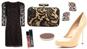 black-dress-beige-shoes
