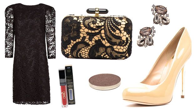 black-dress-beige-shoes